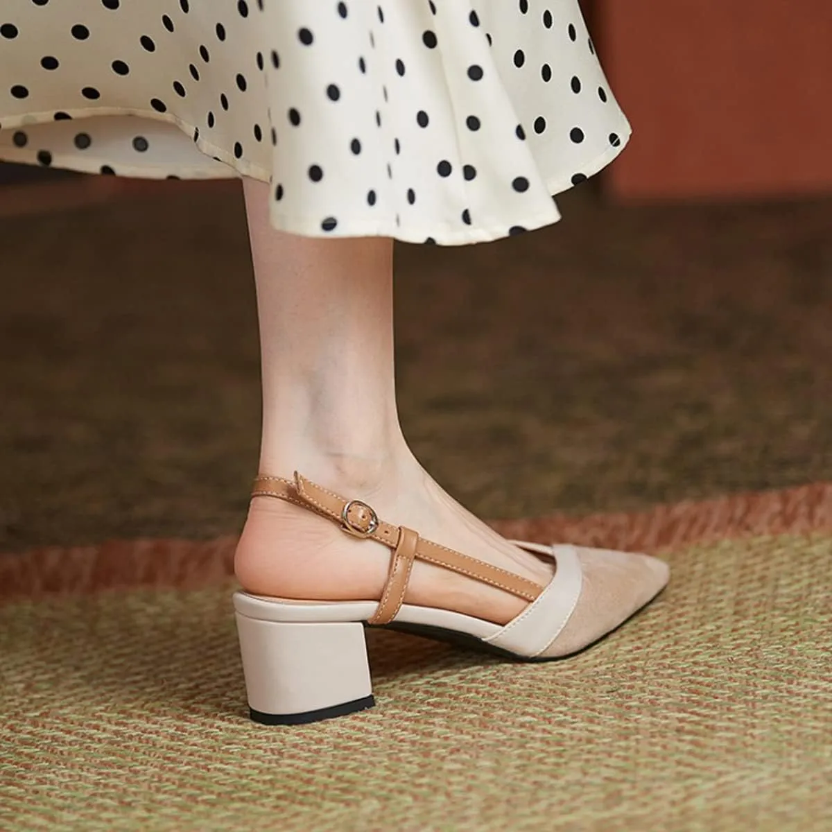 CoceMoce Classic Chunky Block Heel Pumps for Women 2 Inch Pointed Closed Toe Slingback Ankle Strap Dress Shoes with Buckle Prom Work Office Dating Church
