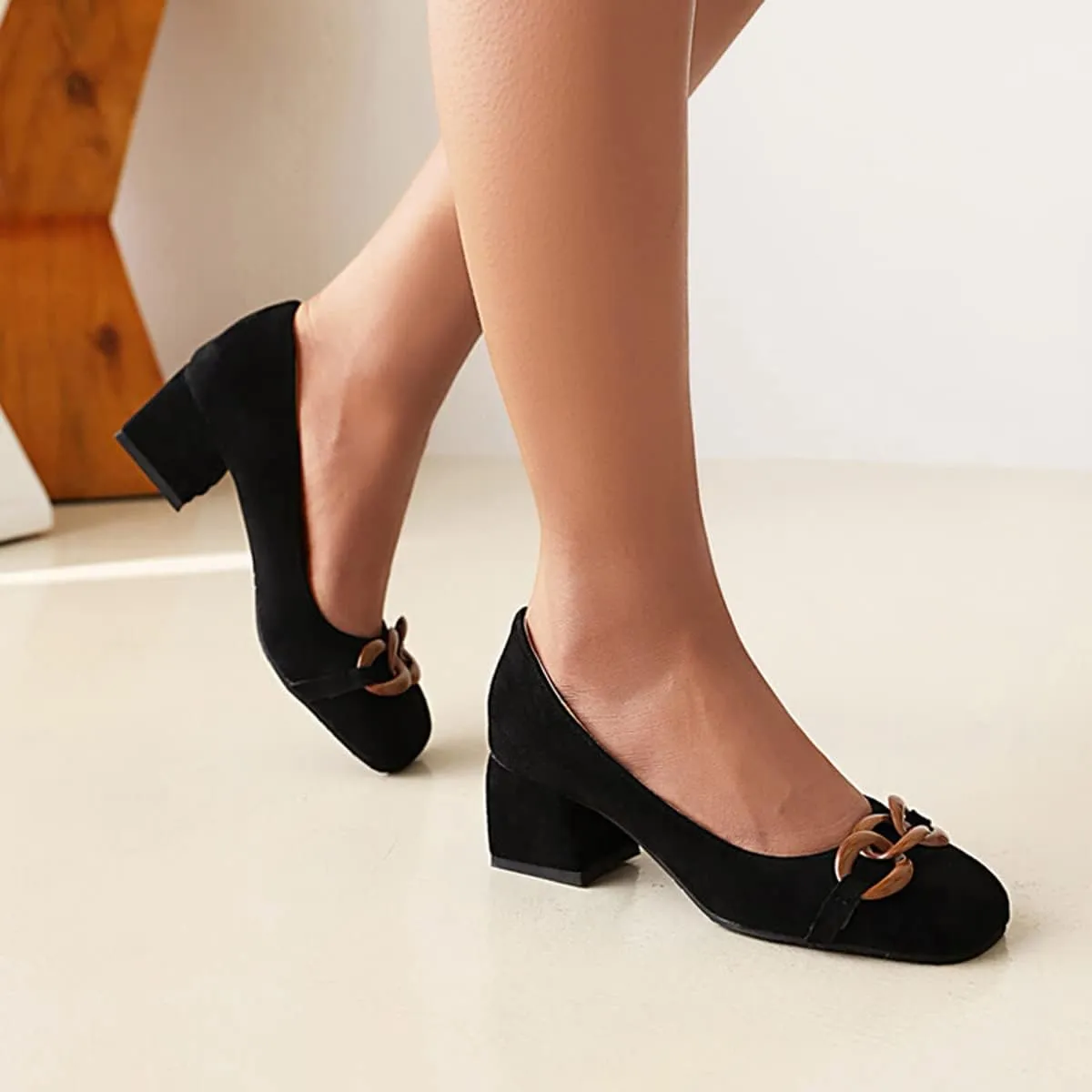 CoceMoce Classic Mid Block Heel Closed Round Toe Pumps for Women Office Lady Slip-On Suede Dress Shoes with Chains Work Office Church Prom Dating Daily Wear
