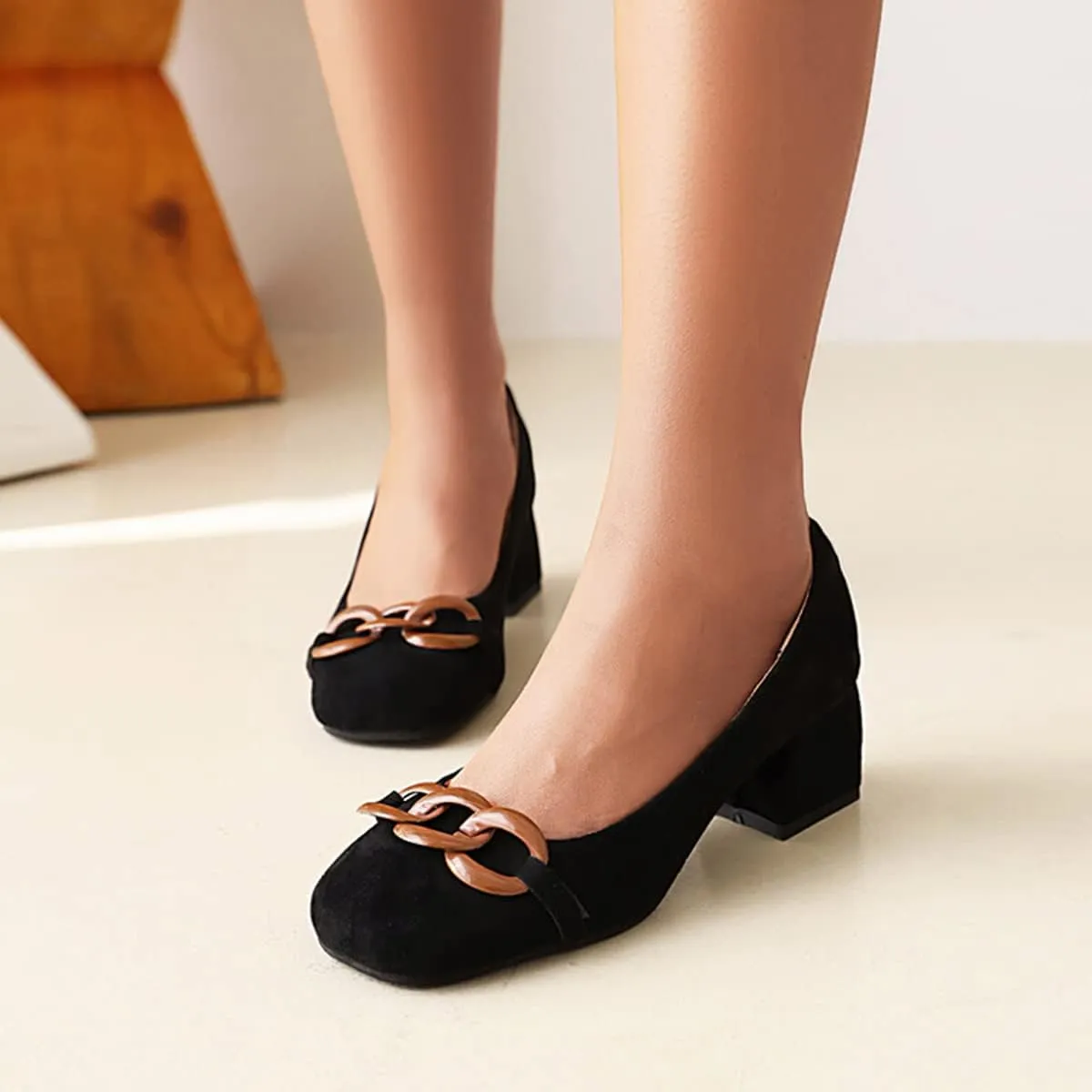 CoceMoce Classic Mid Block Heel Closed Round Toe Pumps for Women Office Lady Slip-On Suede Dress Shoes with Chains Work Office Church Prom Dating Daily Wear