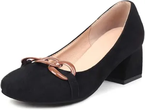 CoceMoce Classic Mid Block Heel Closed Round Toe Pumps for Women Office Lady Slip-On Suede Dress Shoes with Chains Work Office Church Prom Dating Daily Wear