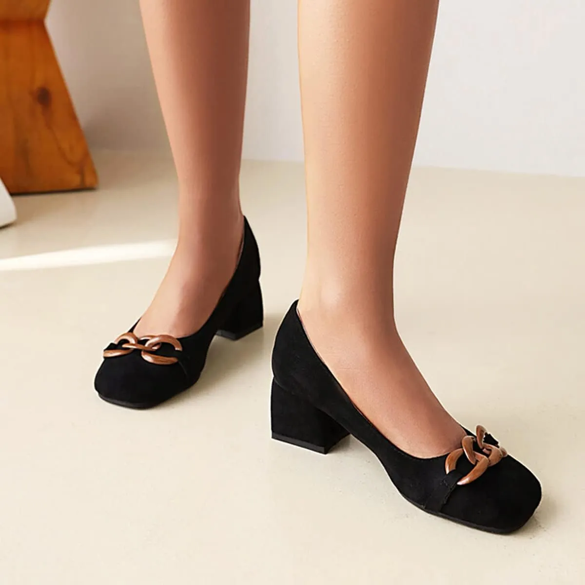 CoceMoce Classic Mid Block Heel Closed Round Toe Pumps for Women Office Lady Slip-On Suede Dress Shoes with Chains Work Office Church Prom Dating Daily Wear