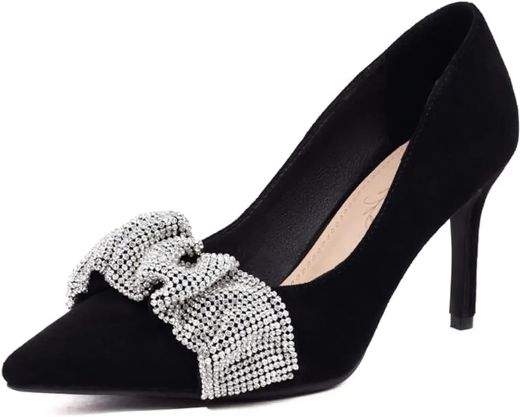 CoceMoce Classic Pointed Toe Pumps for Women Office Ladies Stiletto High Heels Suede Slip-On Dress Shoes with Rhinestones Work Business Evening Party Dating