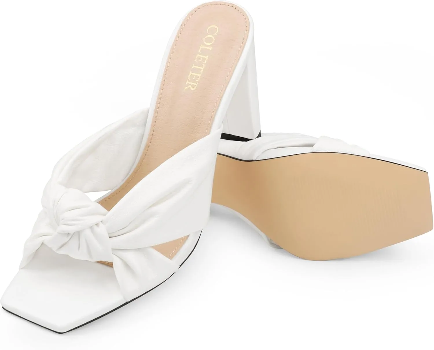 COLETER Women's Chunky Heeled Mules Bow Knot Square Toe Sandals Summer Evening Party Shoes