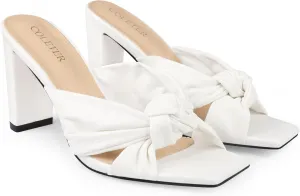 COLETER Women's Chunky Heeled Mules Bow Knot Square Toe Sandals Summer Evening Party Shoes