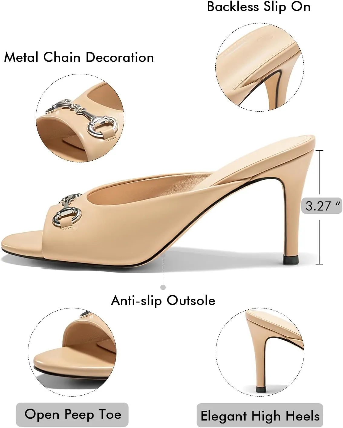 Coutgo Womens Heeled Mules Peep Toe High Heels Backless Dress Shoes Summer Slide Sandals with Metal Chain