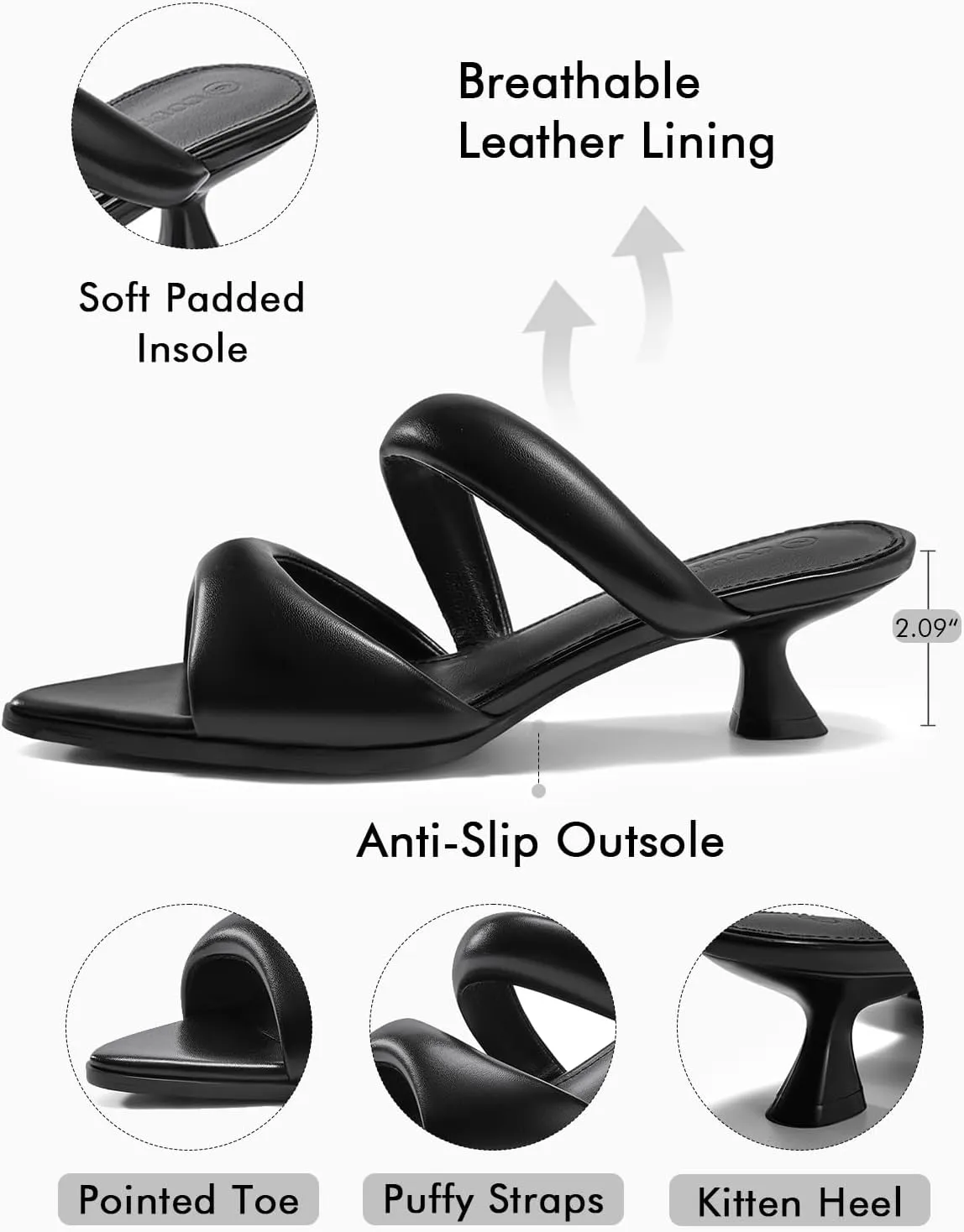 Coutgo Womens Kitten Heels Mules Pointed Open Toe Sandals Double Strap Slip on Prom Dress Shoes