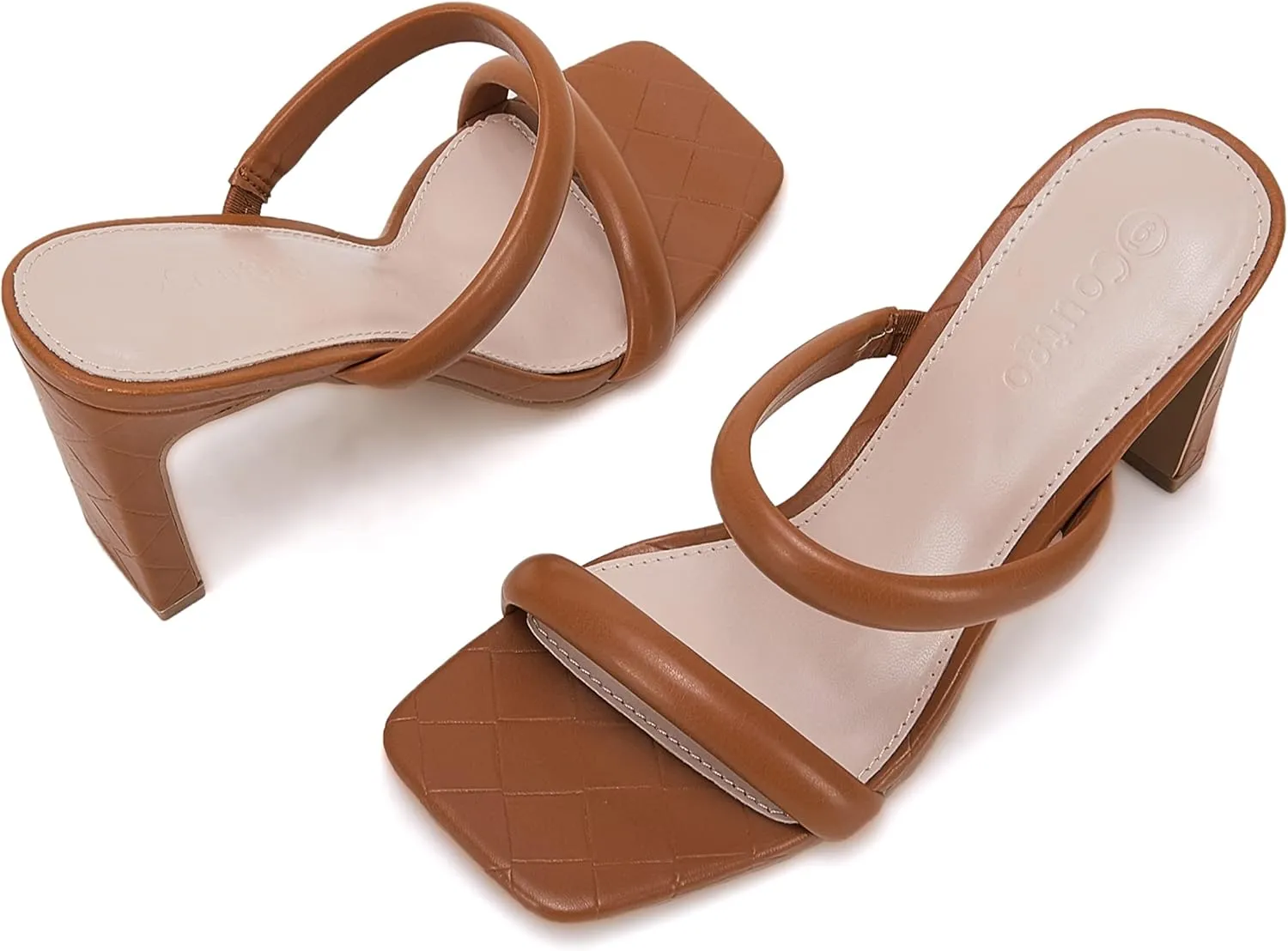 Coutgo Womens Square Open Toe Heeled Sandals Two Strap High Heel Backless Dress Slip On Mules
