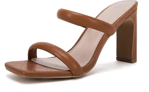 Coutgo Womens Square Open Toe Heeled Sandals Two Strap High Heel Backless Dress Slip On Mules