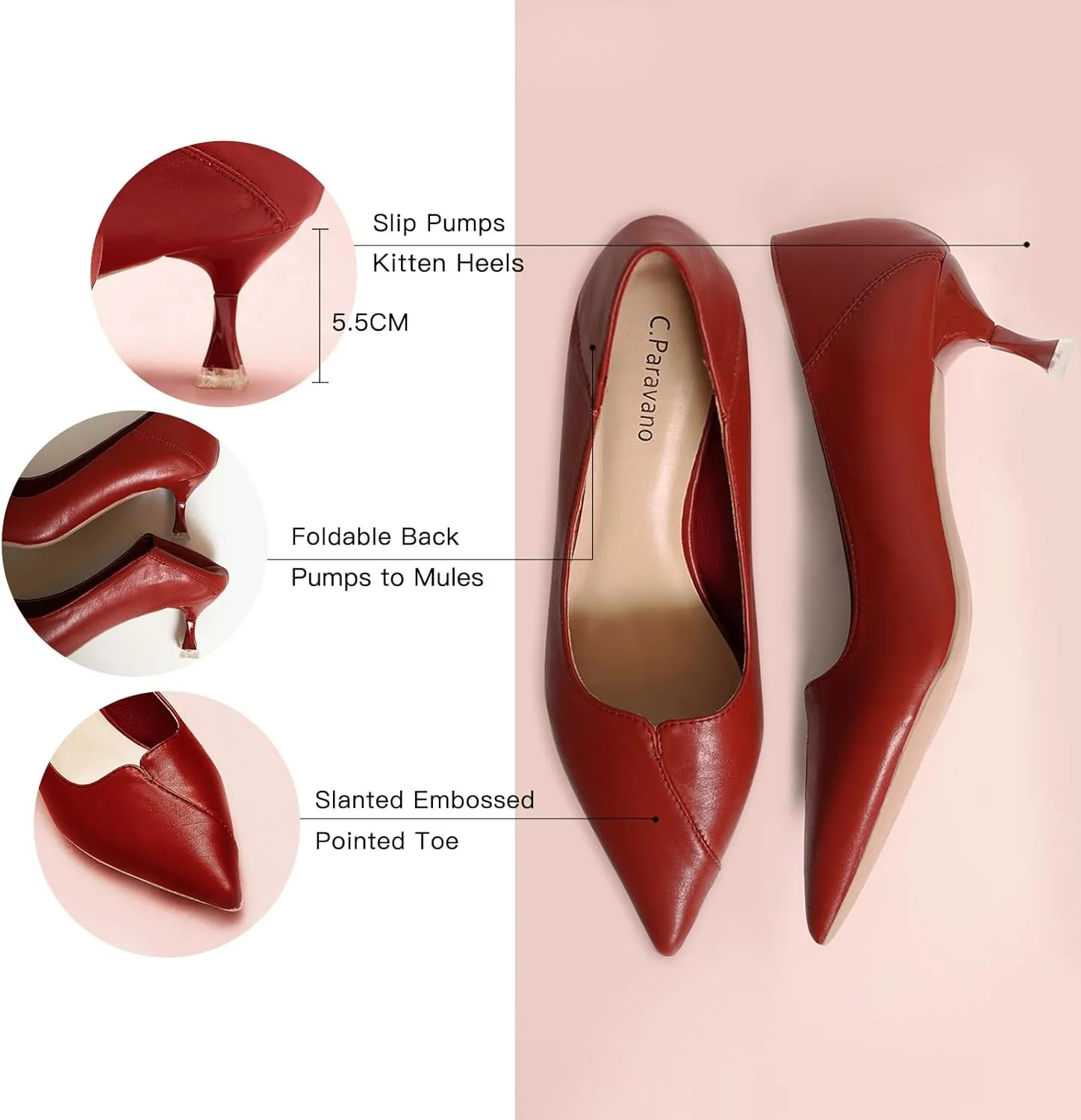 C.Paravano Pointy Kitten Heels Wedding Shoes Dressy Low Heel Work Casual Heels Flight Attendant Heels Mules Heels Women Pump for Office Wear