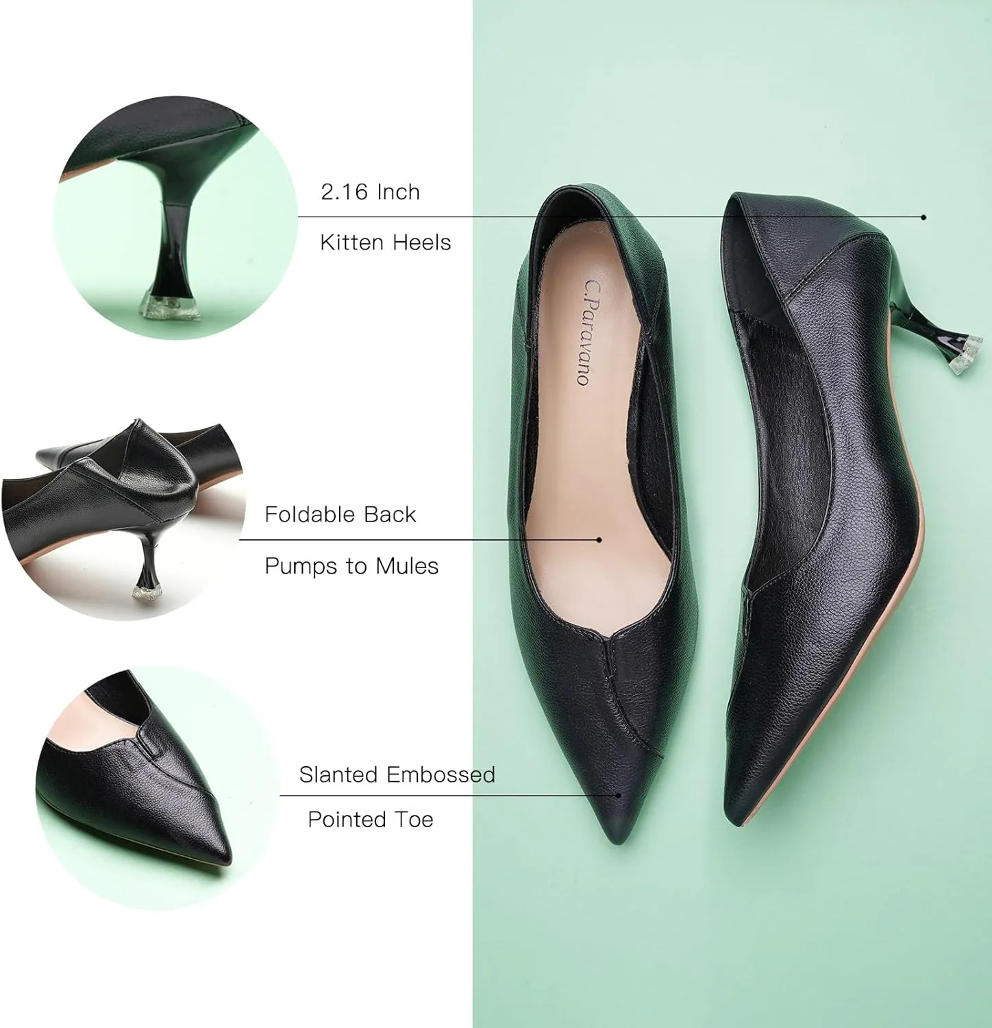 C.Paravano Pointy Kitten Heels Wedding Shoes Dressy Low Heel Work Casual Heels Flight Attendant Heels Mules Heels Women Pump for Office Wear