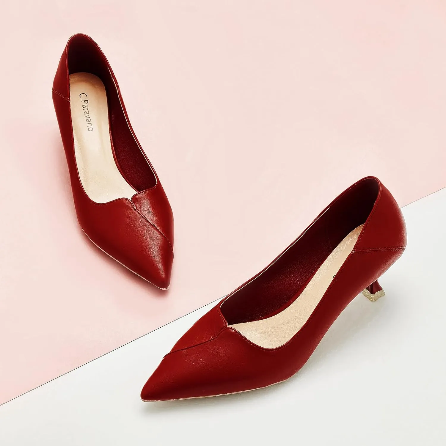 C.Paravano Pointy Kitten Heels Wedding Shoes Dressy Low Heel Work Casual Heels Flight Attendant Heels Mules Heels Women Pump for Office Wear