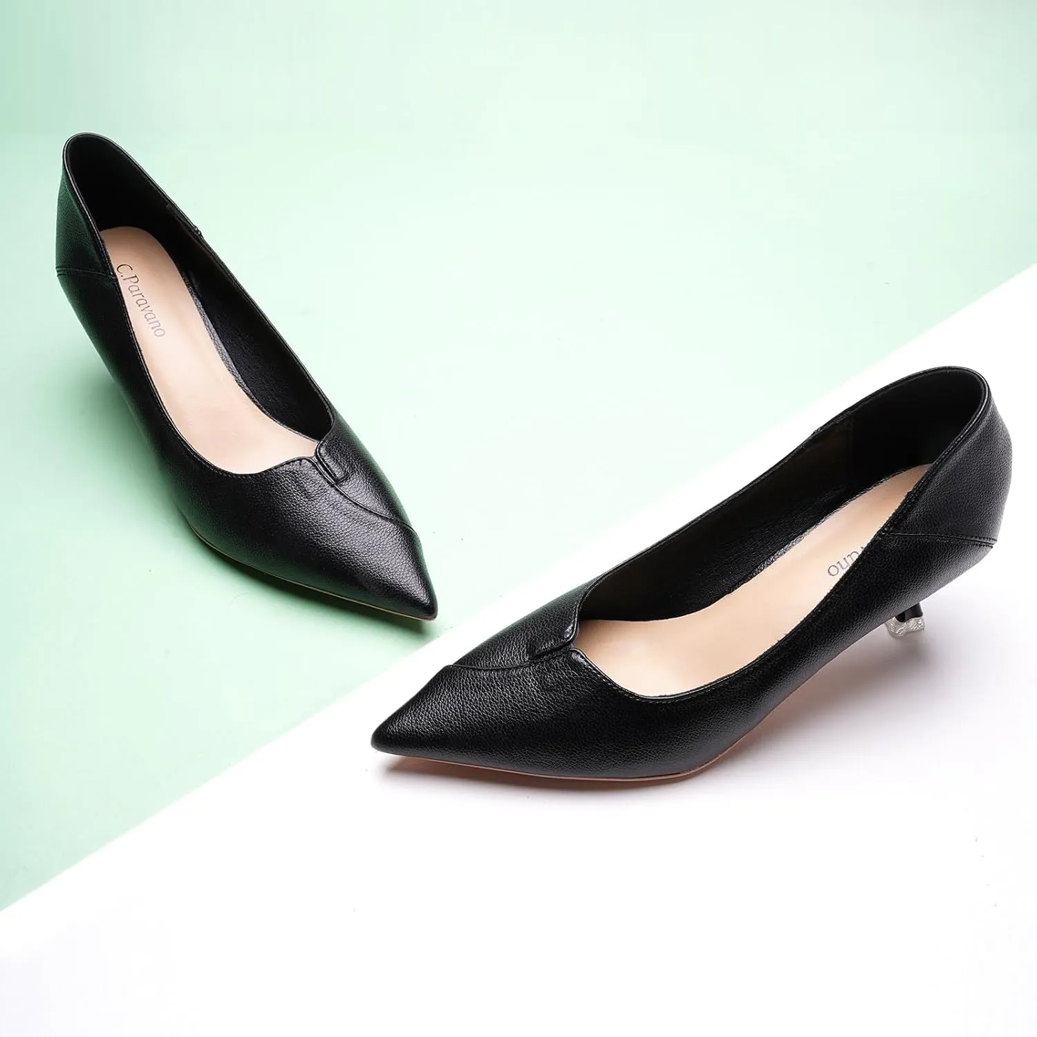 C.Paravano Pointy Kitten Heels Wedding Shoes Dressy Low Heel Work Casual Heels Flight Attendant Heels Mules Heels Women Pump for Office Wear