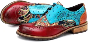 CrazycatZ Women's Leather Oxford Shoes Perforated Lace up Wingtip Colorful Leather Oxfords Vintage
