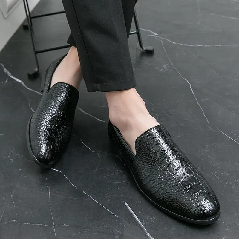Dress Formal Shoes for Men Slip On Pointed Burnished Toe Crocodile Print Loafer Low Top Anti-Slip Rubber Sole Casual