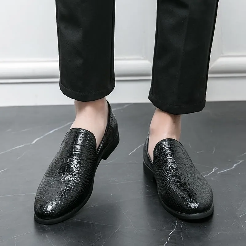 Dress Formal Shoes for Men Slip On Pointed Burnished Toe Crocodile Print Loafer Low Top Anti-Slip Rubber Sole Casual