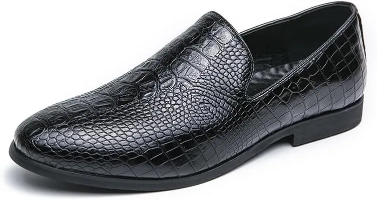 Dress Formal Shoes for Men Slip On Pointed Burnished Toe Crocodile Print Loafer Low Top Anti-Slip Rubber Sole Casual