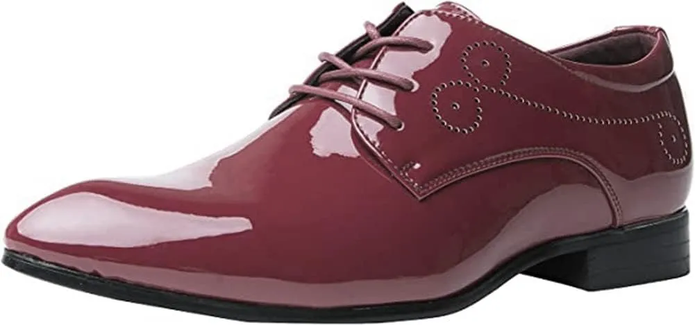 Dress Shoes for Men Pointed Toe Classic Patent Leather Lace Up Oxford Blue Red White
