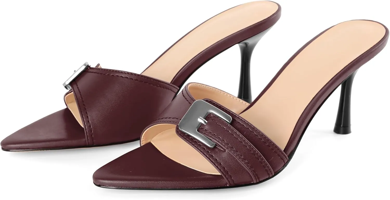 Esvowido Womens Mule Heels Pointed Open Toe Heeled Sandals 2.95 Inch Stiletto Mules with Buckle Work Party Wedding Summer Shoes