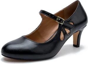 fereshte Women's Men's Mary Jane Hollow Out Round Toe Mid Kitten Heel Pumps Shoes