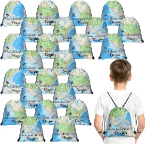 Ferraycle 24 Pieces World Map Drawstring Bags Let the Adventure Begin Themed Party Candy Goodie Bags for Kids(Classic Style)