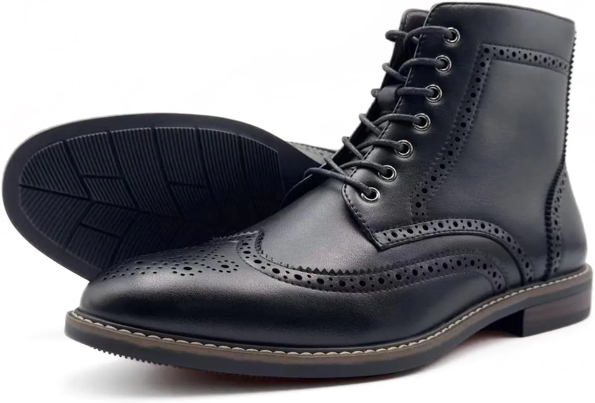 Finishing & Sewing Men's Wingtip Toe Boots, Classic Brogue Style, Oxford Lace Up Dress Shoes