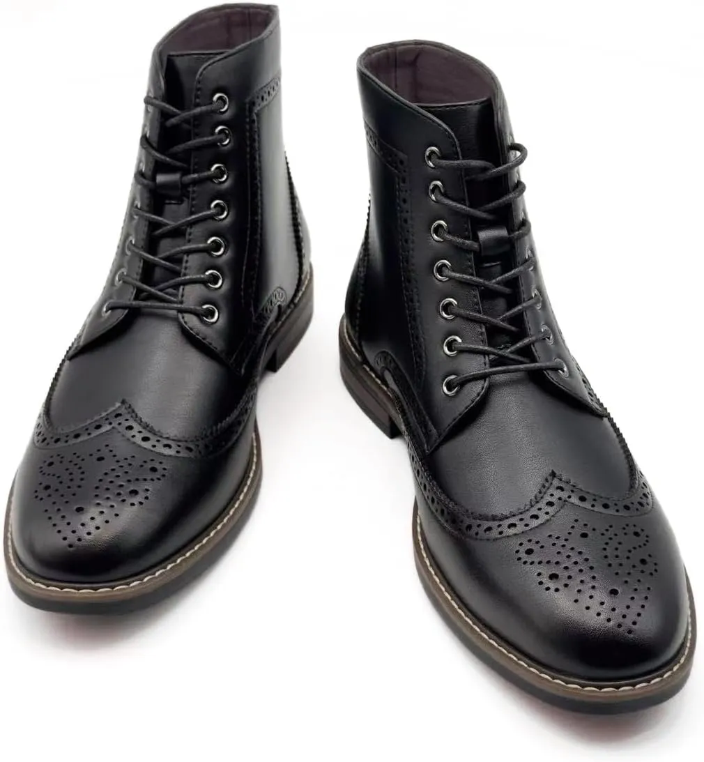 Finishing & Sewing Men's Wingtip Toe Boots, Classic Brogue Style, Oxford Lace Up Dress Shoes