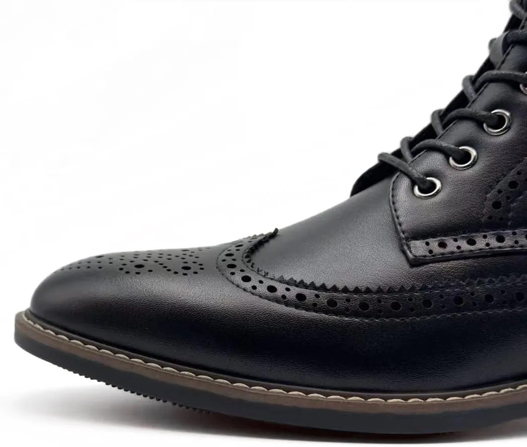 Finishing & Sewing Men's Wingtip Toe Boots, Classic Brogue Style, Oxford Lace Up Dress Shoes