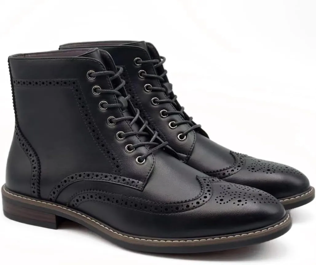 Finishing & Sewing Men's Wingtip Toe Boots, Classic Brogue Style, Oxford Lace Up Dress Shoes