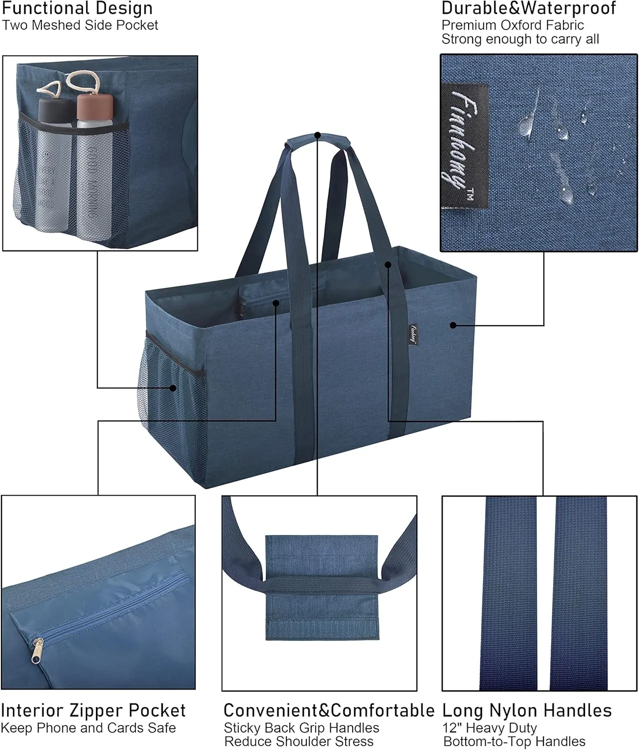 Finnhomy 42L Extra Large Utility Tote Bag, Oxford Fabric Reusable Folding Grocery Bags with Handles and Pockets, 2 Pack