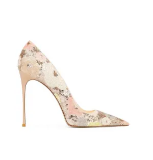 Floral Sequin Pointy Toe High Heels