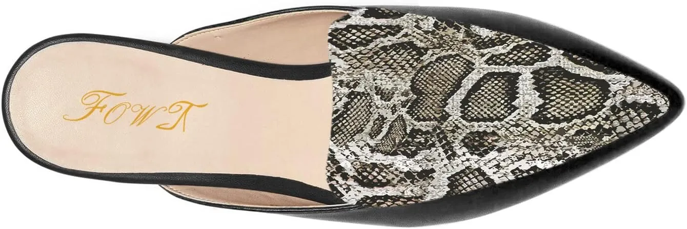 FOWT V-Shaped Snakeskin Embossed Backless Mules Women Pointed Toe Low Chunky Heel Sandals Ladies Slip on Side Unisex Shoes for Office Dress Party 4-16 US Size
