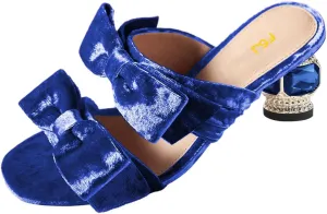 FSJ Women Two Bow Heeled Sandals Slip On Open Toe Low Crystal Block Chunky Heel Mule Velvet Bride Wedding Dress Shoes Size 4-16 US