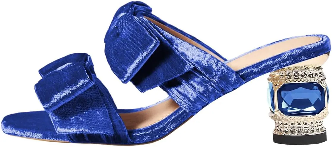 FSJ Women Two Bow Heeled Sandals Slip On Open Toe Low Crystal Block Chunky Heel Mule Velvet Bride Wedding Dress Shoes Size 4-16 US