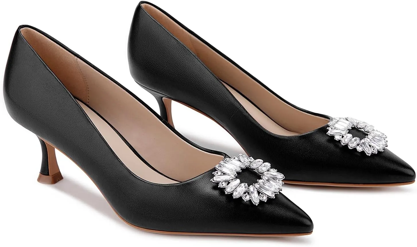 Genuine Leather Pumps Rhinestones Women Dressy Comfortable Shoes with Memory Foam Insole Womens Low Heel for Office Attire Dress Comfortable Footwear
