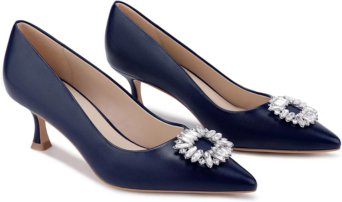 Genuine Leather Pumps Rhinestones Women Dressy Comfortable Shoes with Memory Foam Insole Womens Low Heel for Office Attire Dress Comfortable Footwear