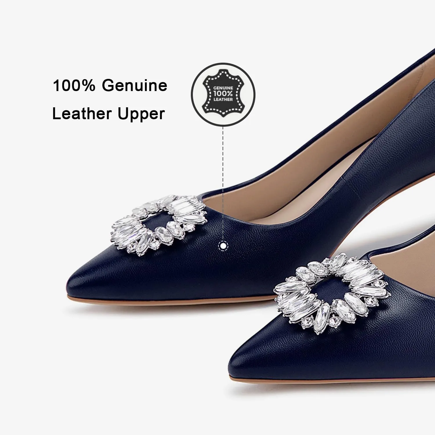 Genuine Leather Pumps Rhinestones Women Dressy Comfortable Shoes with Memory Foam Insole Womens Low Heel for Office Attire Dress Comfortable Footwear