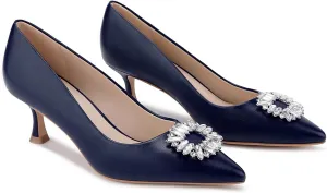 Genuine Leather Pumps Rhinestones Women Dressy Comfortable Shoes with Memory Foam Insole Womens Low Heel for Office Attire Dress Comfortable Footwear