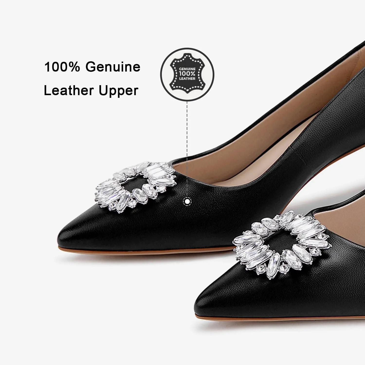 Genuine Leather Pumps Rhinestones Women Dressy Comfortable Shoes with Memory Foam Insole Womens Low Heel for Office Attire Dress Comfortable Footwear