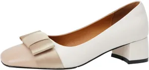 Genuine Leather Women's Handmade Square Toe Block Heel Assorted Color Loafer Pumps Shoes with Bowknot