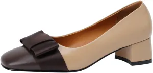 Genuine Leather Women's Handmade Square Toe Block Heel Assorted Color Loafer Pumps Shoes with Bowknot