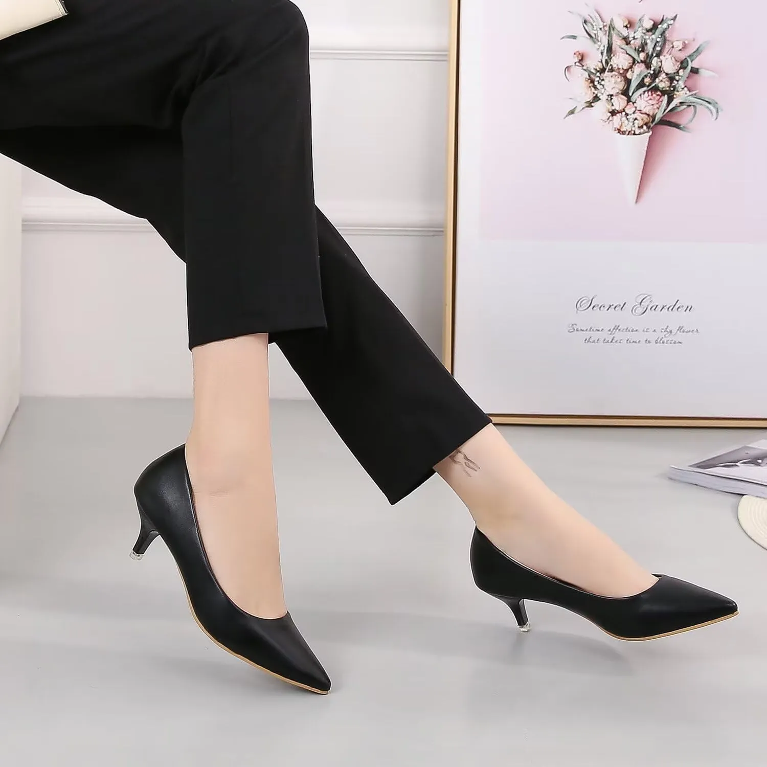 Hee grand Womens Kitten Heels Pumps Classic Low Heel Slip On Closed Pointed Toe Pumps Office Work Dress Pump Shoes