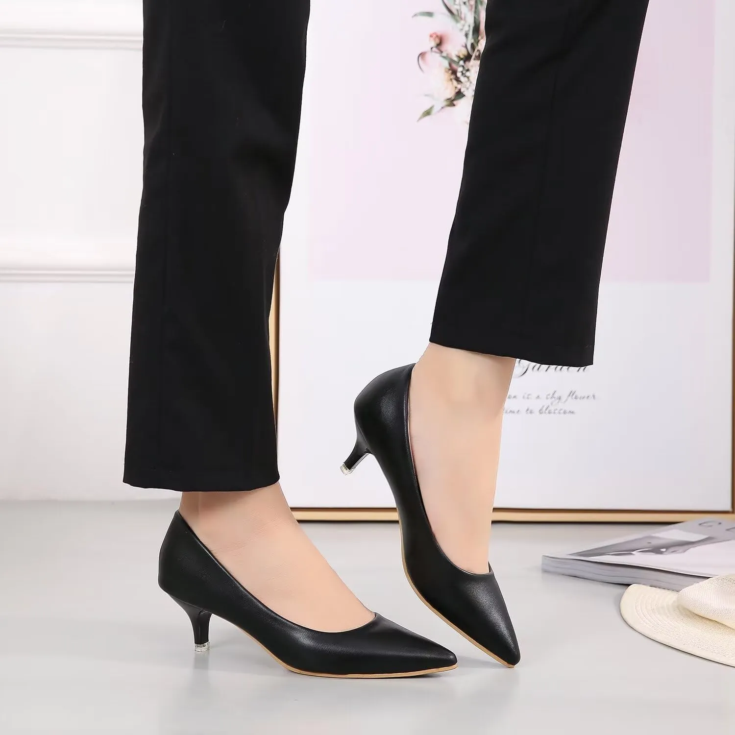 Hee grand Womens Kitten Heels Pumps Classic Low Heel Slip On Closed Pointed Toe Pumps Office Work Dress Pump Shoes