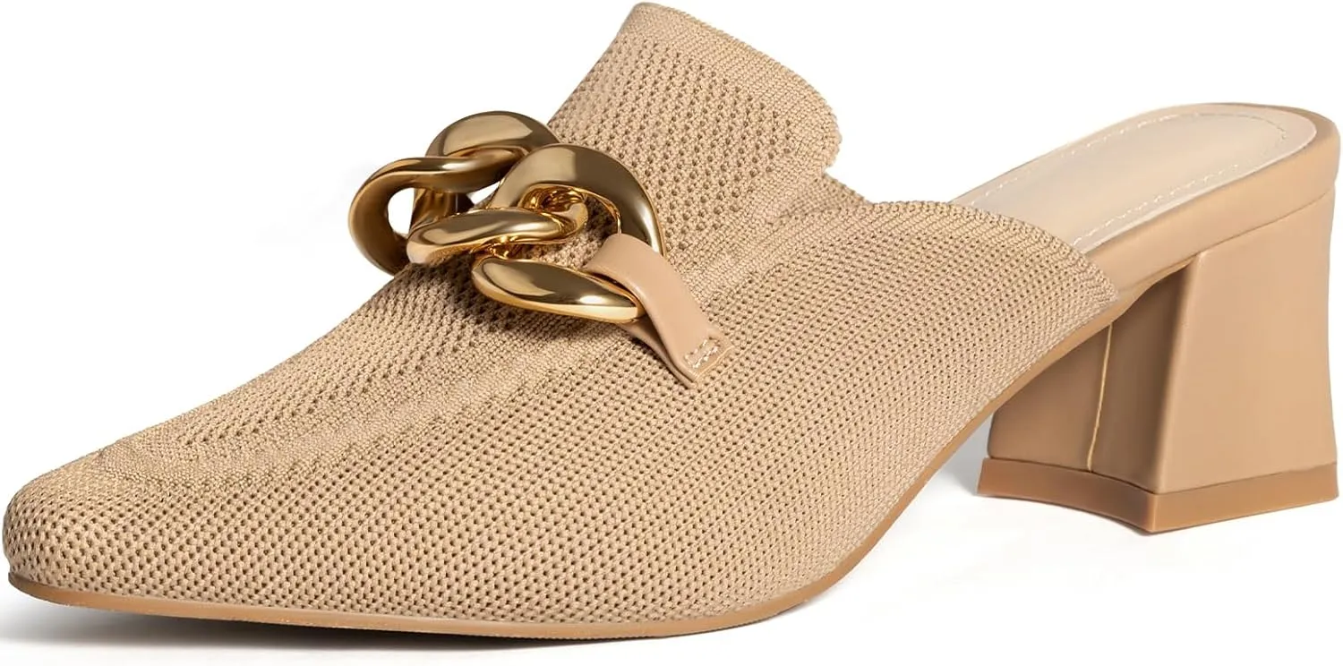 Heeled Mules for Women Closed Toe Chunky Heels Mules Knit Stretchy Pointed Toe Heels Sandals Comfortable Slip On Dress Pumps Sandals Slides for Business and Daily Wear