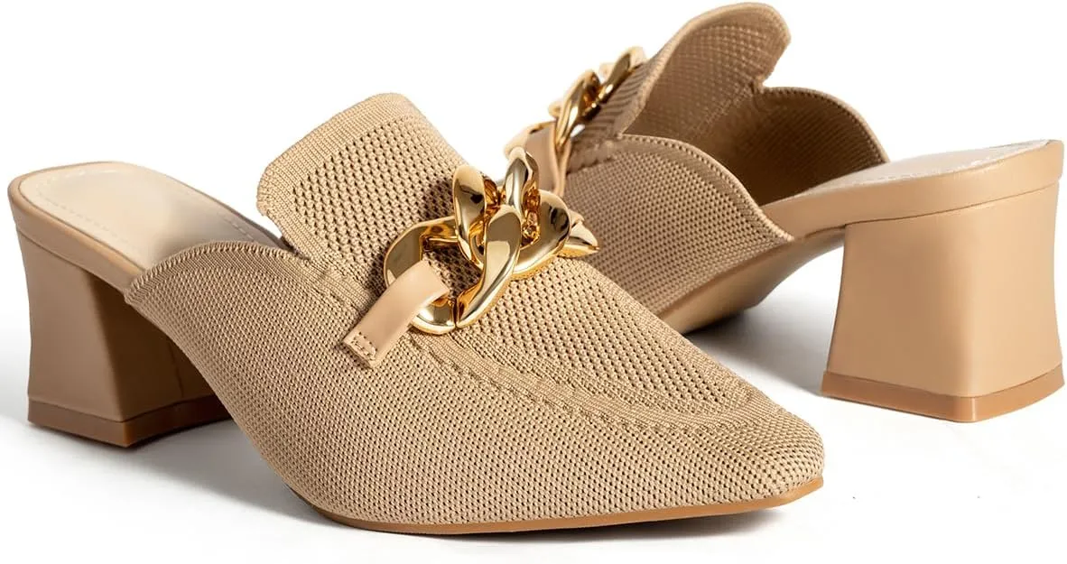 Heeled Mules for Women Closed Toe Chunky Heels Mules Knit Stretchy Pointed Toe Heels Sandals Comfortable Slip On Dress Pumps Sandals Slides for Business and Daily Wear