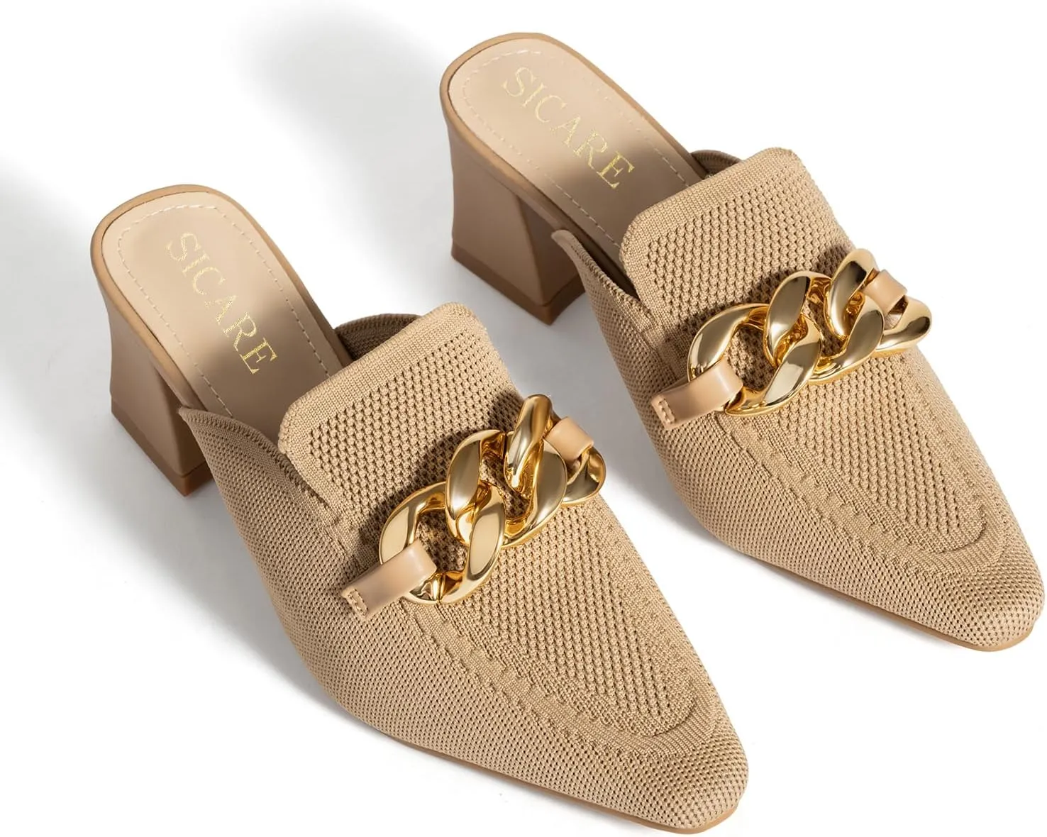 Heeled Mules for Women Closed Toe Chunky Heels Mules Knit Stretchy Pointed Toe Heels Sandals Comfortable Slip On Dress Pumps Sandals Slides for Business and Daily Wear