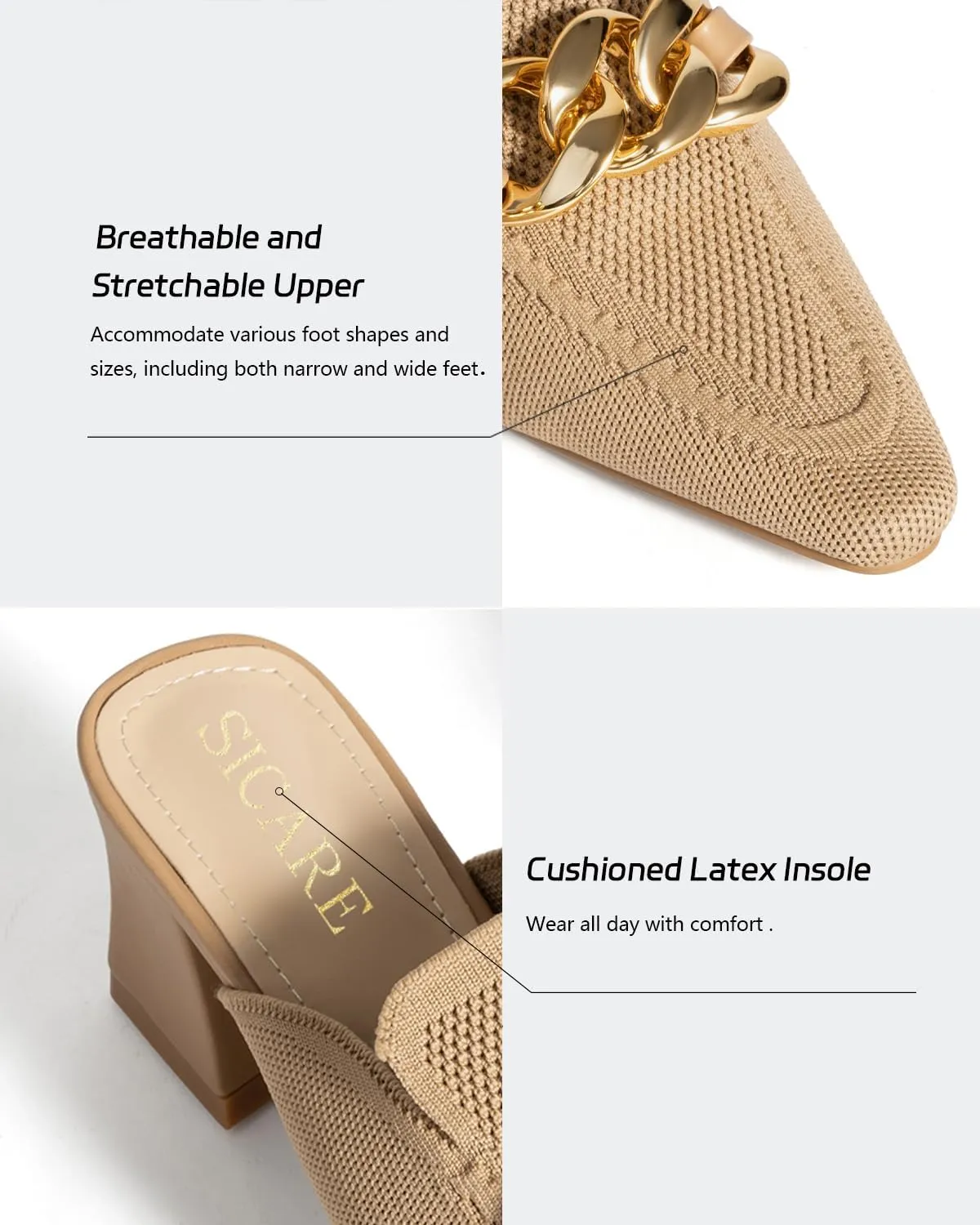 Heeled Mules for Women Closed Toe Chunky Heels Mules Knit Stretchy Pointed Toe Heels Sandals Comfortable Slip On Dress Pumps Sandals Slides for Business and Daily Wear