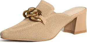 Heeled Mules for Women Closed Toe Chunky Heels Mules Knit Stretchy Pointed Toe Heels Sandals Comfortable Slip On Dress Pumps Sandals Slides for Business and Daily Wear