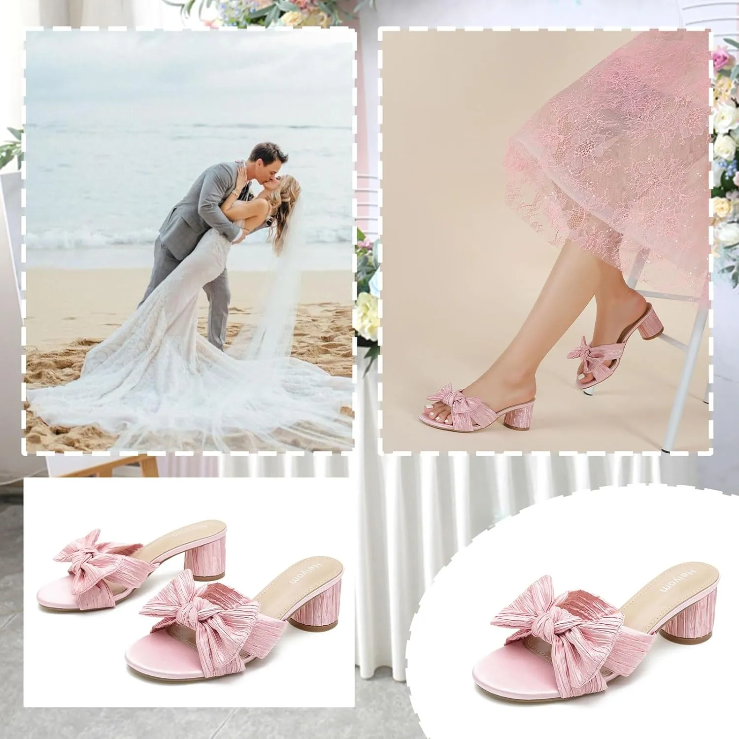 Heiyom Women's Bowknot Low Chunky Heels Mules Sandals Slip on Pleated Bow Heels Wedding Bridal Party Dress Shoes