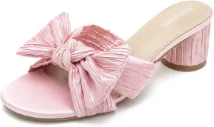 Heiyom Women's Bowknot Low Chunky Heels Mules Sandals Slip on Pleated Bow Heels Wedding Bridal Party Dress Shoes