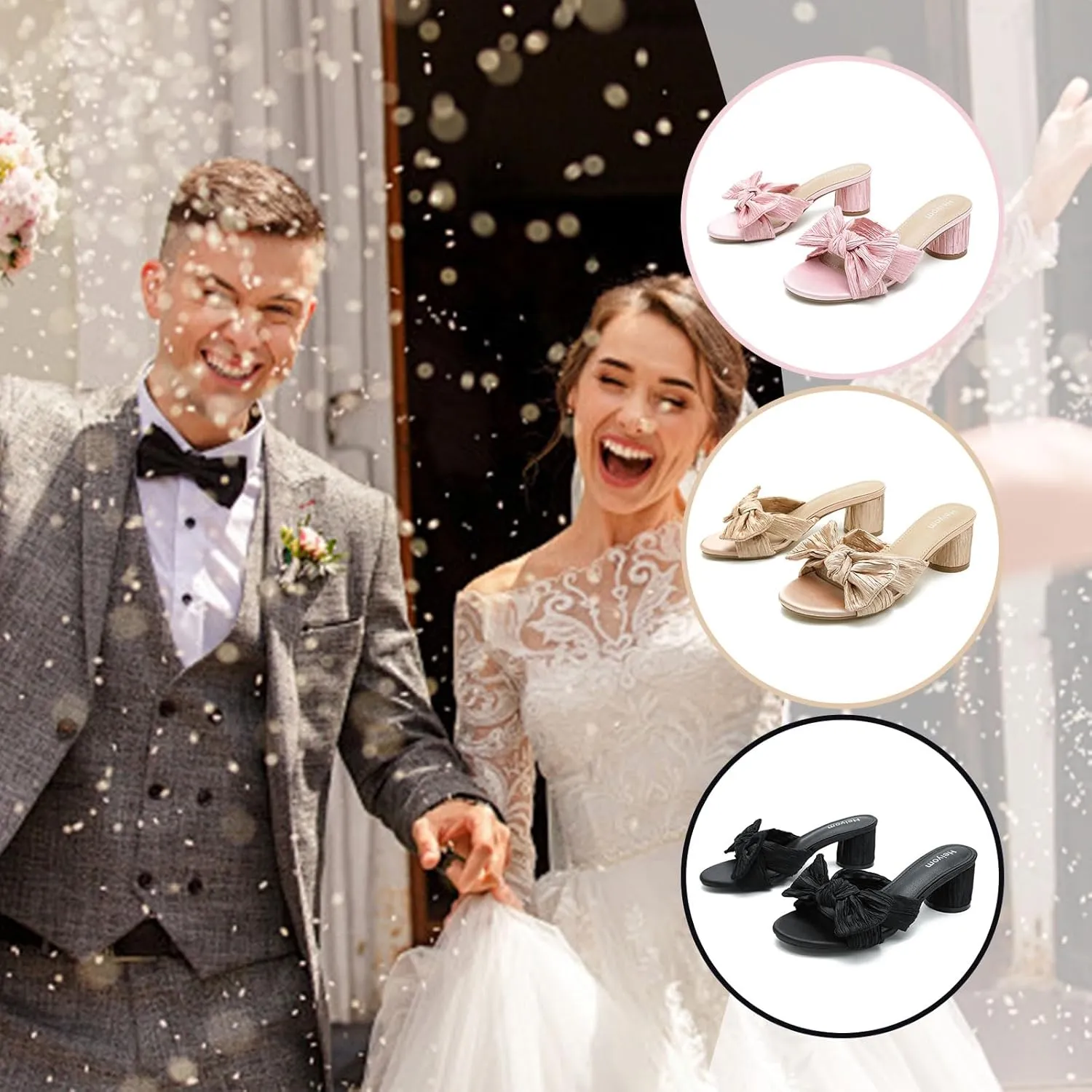 Heiyom Women's Bowknot Low Chunky Heels Mules Sandals Slip on Pleated Bow Heels Wedding Bridal Party Dress Shoes